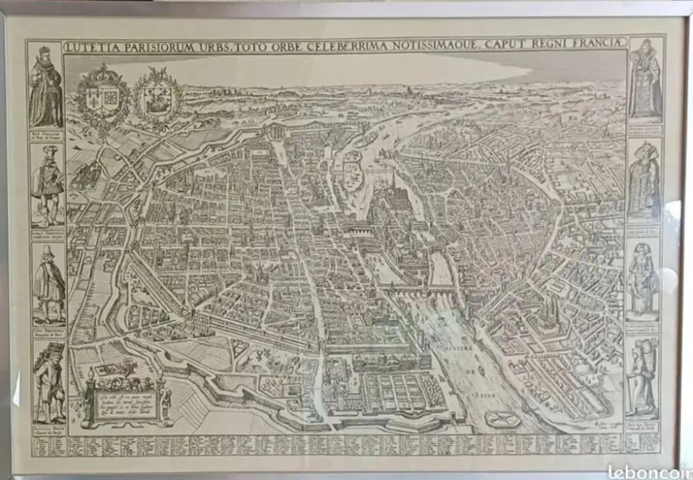 Affiche ancien plan de Paris - cadre inox