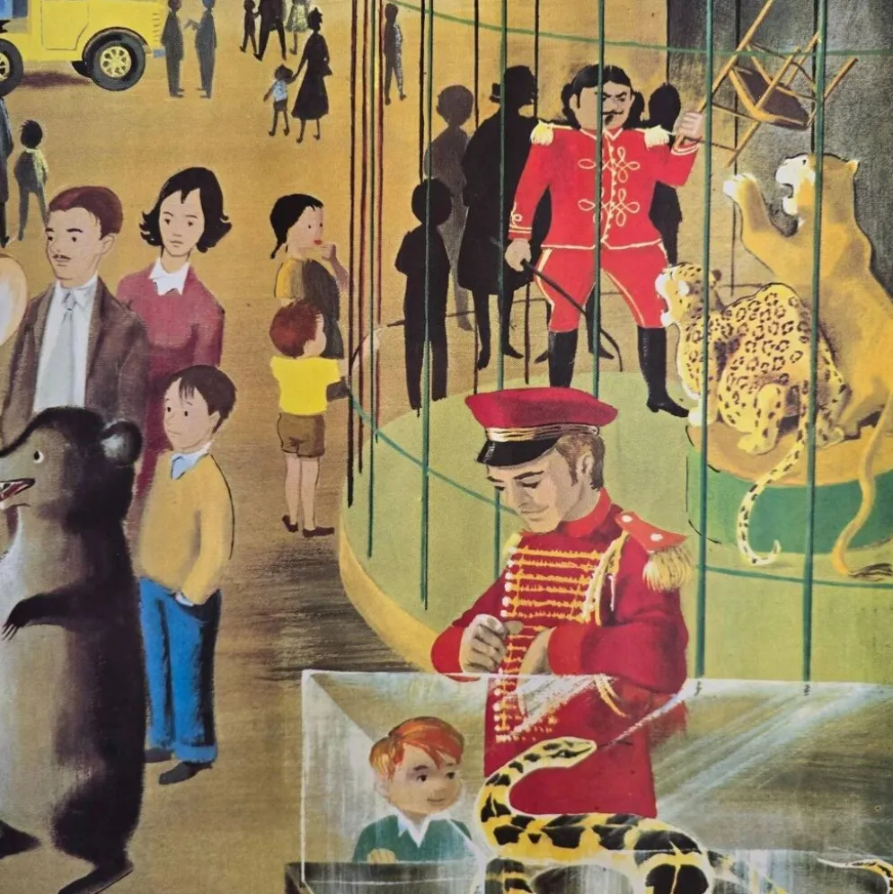 Affiche scolaire ancienne Ogé-Hachette Le Stade & La Ménagerie – Années 60