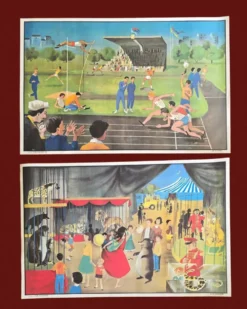 Affiche scolaire ancienne Ogé-Hachette Le Stade & La Ménagerie – Années 60