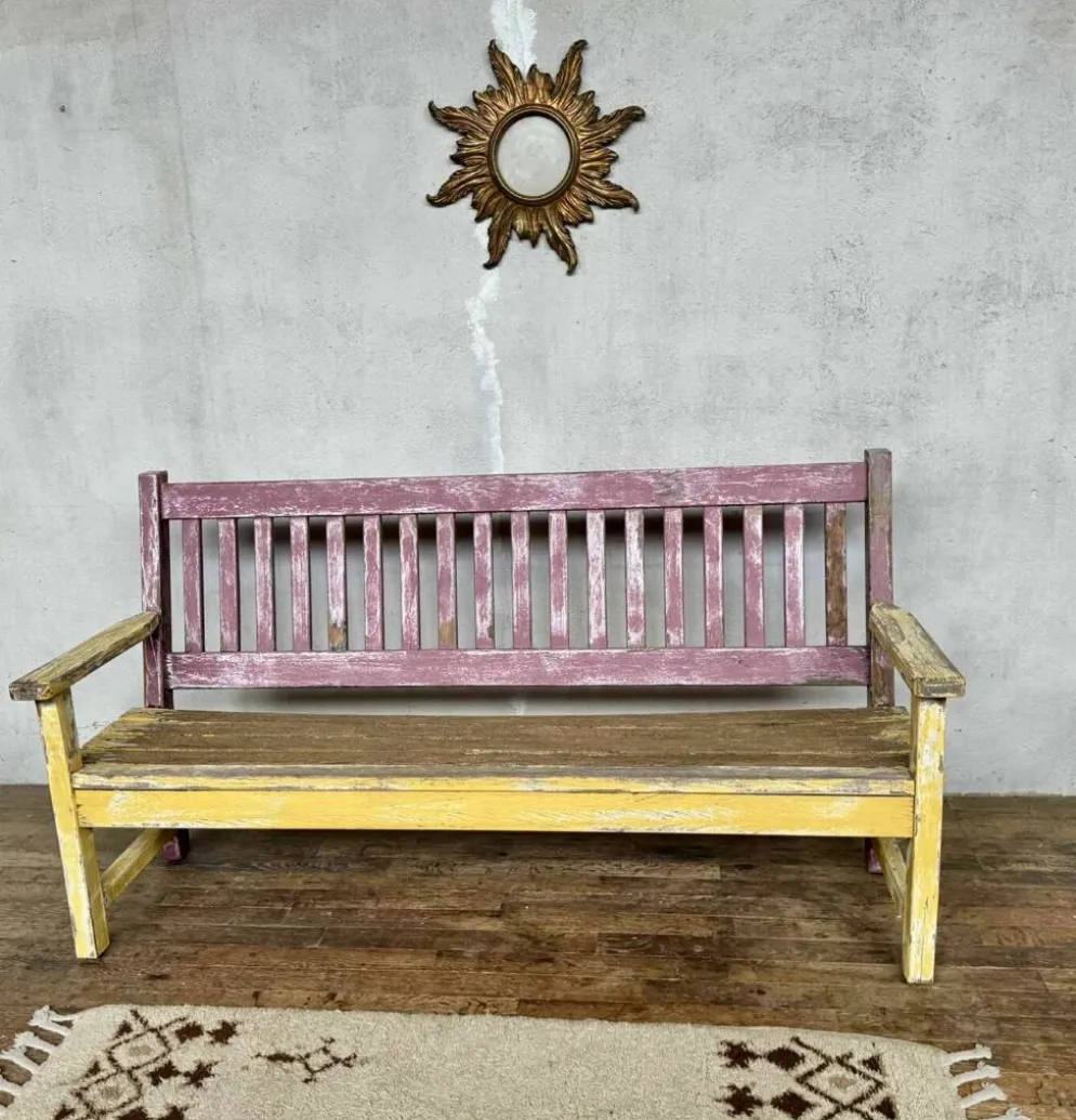 Ancien banc de bistrot à dossier en chêne