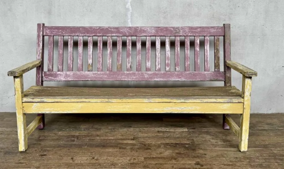 Ancien banc de bistrot à dossier en chêne