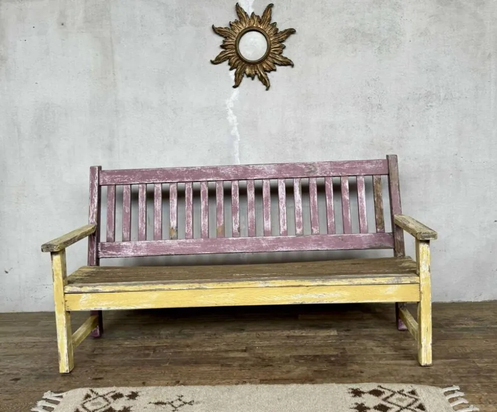 Ancien banc de bistrot à dossier en chêne