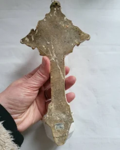 Ancien Bénitier en Faïence Croix Jésus Christ JHS