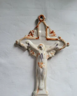 Ancien Bénitier en Faïence Croix Jésus Christ JHS