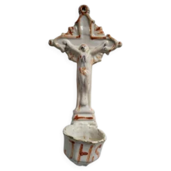 Ancien Bénitier en Faïence Croix Jésus Christ JHS