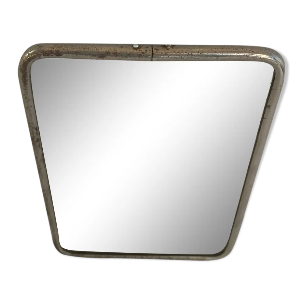 Ancien miroir barbier contour alu + trépied + fond marron décoration vintage