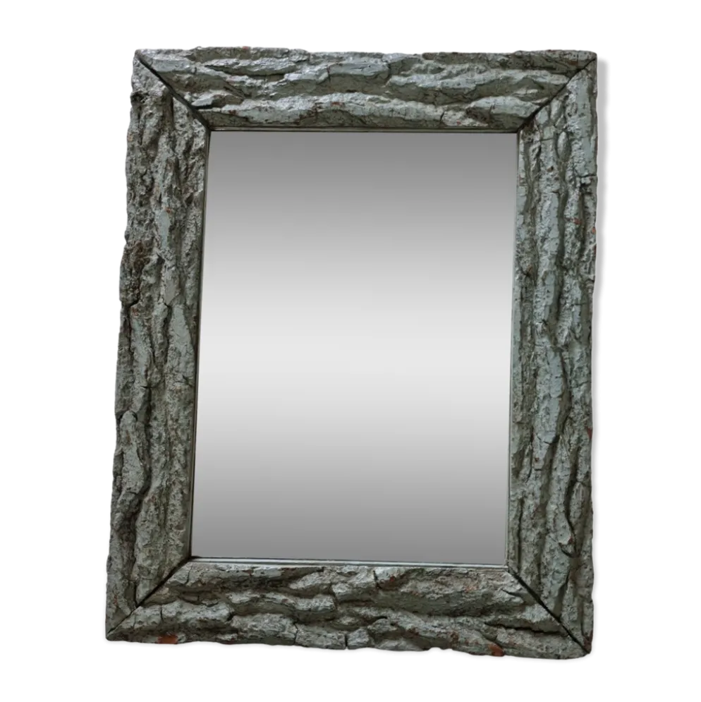 Ancien miroir, cadre en écorce de bois à patine rustique, 65 cm par 50 cm