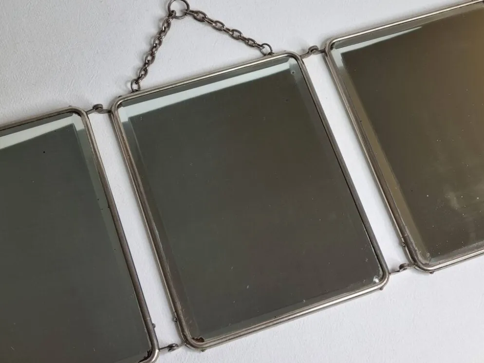 Ancien miroir de barbier triptyque, cadre métal et dos simili cuir 1930