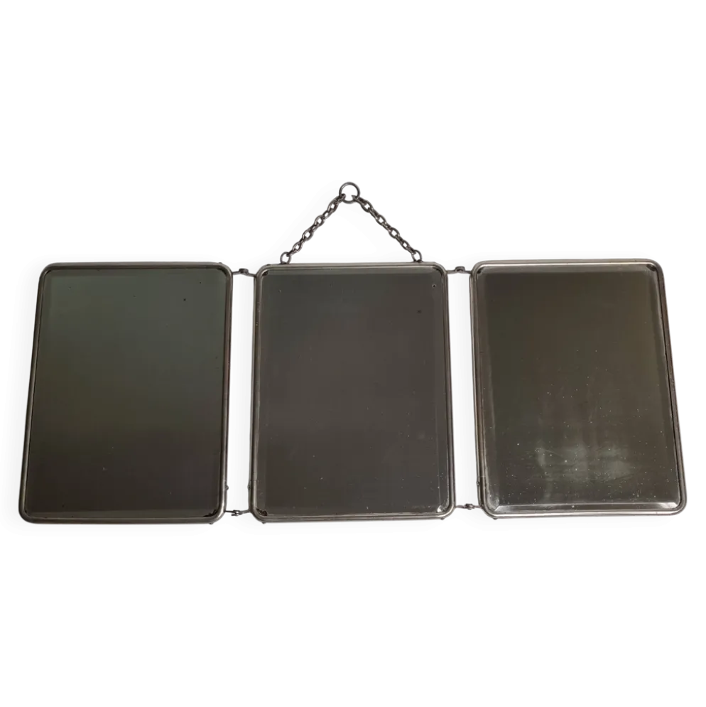 Ancien miroir de barbier triptyque, cadre métal et dos simili cuir 1930