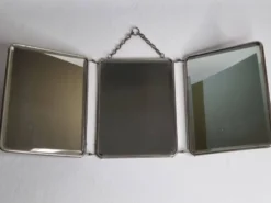 Ancien miroir de barbier triptyque, cadre métal et dos simili cuir 1930
