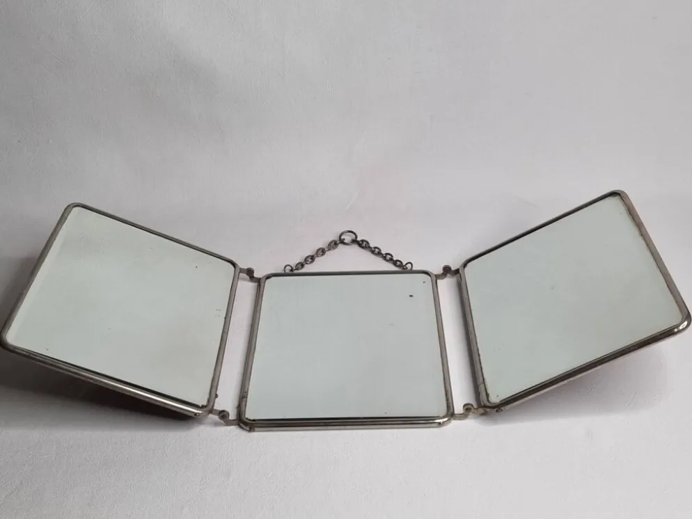 Ancien miroir de barbier triptyque, cadre métal et dos simili cuir 1930
