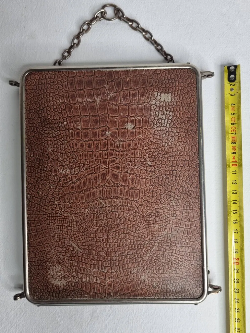 Ancien miroir de barbier triptyque, cadre métal et dos simili cuir 1930