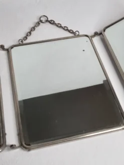 Ancien miroir de barbier triptyque, cadre métal et dos simili cuir 1930
