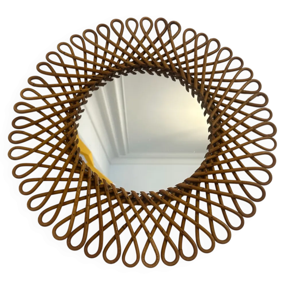 Ancien miroir en rotin Art Vannerie vintage