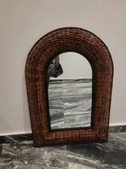 Ancien miroir vintage italien tressé en osier et fer