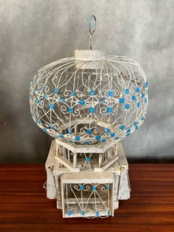 Ancienne Cage A Oiseaux Montgolfière Bois + Metal Blanc Bleu Deco Vintage