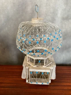 Ancienne Cage A Oiseaux Montgolfière Bois + Metal Blanc Bleu Deco Vintage