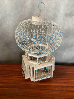 Ancienne Cage A Oiseaux Montgolfière Bois + Metal Blanc Bleu Deco Vintage