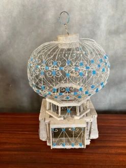 Ancienne Cage A Oiseaux Montgolfière Bois + Metal Blanc Bleu Deco Vintage