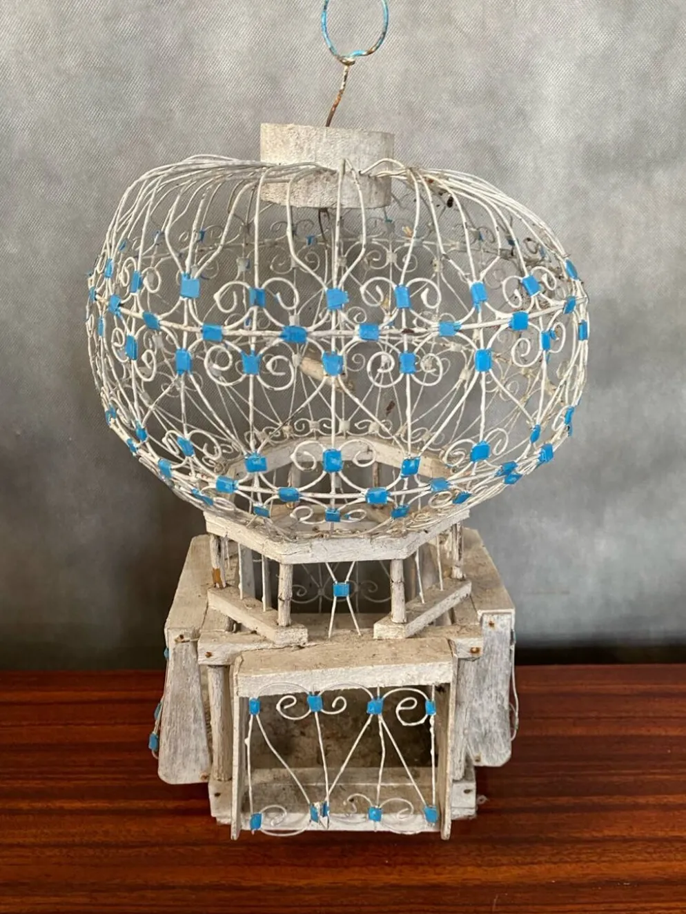 Ancienne Cage A Oiseaux Montgolfière Bois + Metal Blanc Bleu Deco Vintage