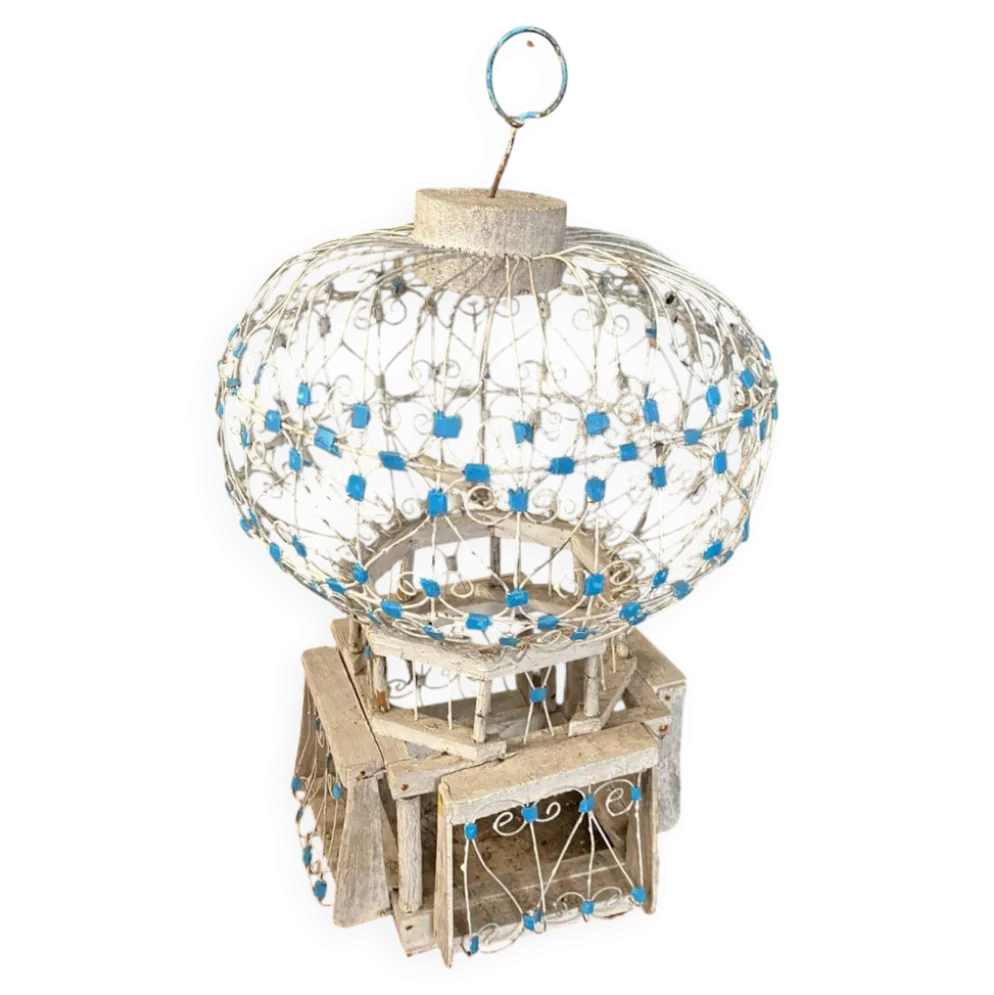 Ancienne Cage A Oiseaux Montgolfière Bois + Metal Blanc Bleu Deco Vintage