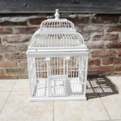 Ancienne cage à oiseau décorative en bois blanc