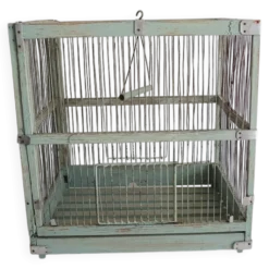 Ancienne cage à oiseaux en bois & métal vert d’eau