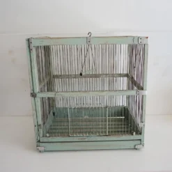Ancienne cage à oiseaux en bois & métal vert d’eau
