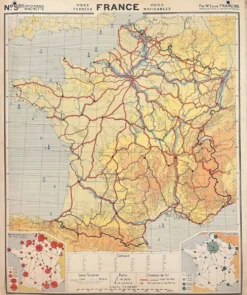 Ancienne carte scolaire Hachette 5, 1940 - France voies ferrées (trains)