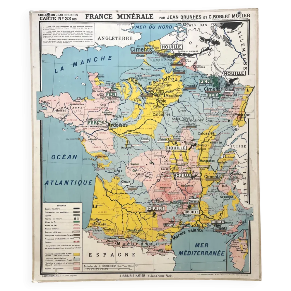 Ancienne carte scolaire Hatier Brunhes 32, 1940 - France minérale