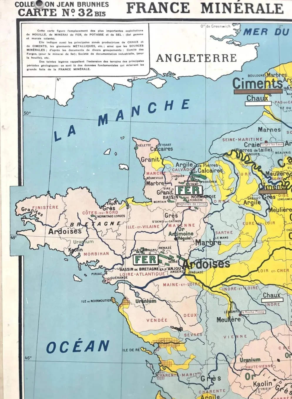 Ancienne carte scolaire Hatier Brunhes 32, 1940 - France minérale
