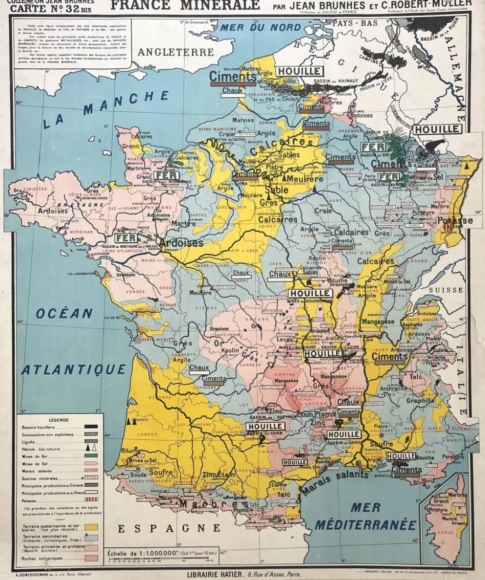 Ancienne carte scolaire Hatier Brunhes 32, 1940 - France minérale