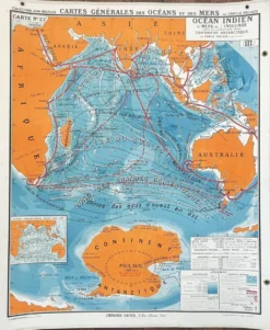 Ancienne carte scolaire Hatier 27, 1940 - Océan Indien, Antarctique