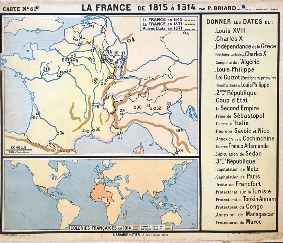 Ancienne carte scolaire Hatier Briard 63, 1950 - France 1815 à 1914 (Rép