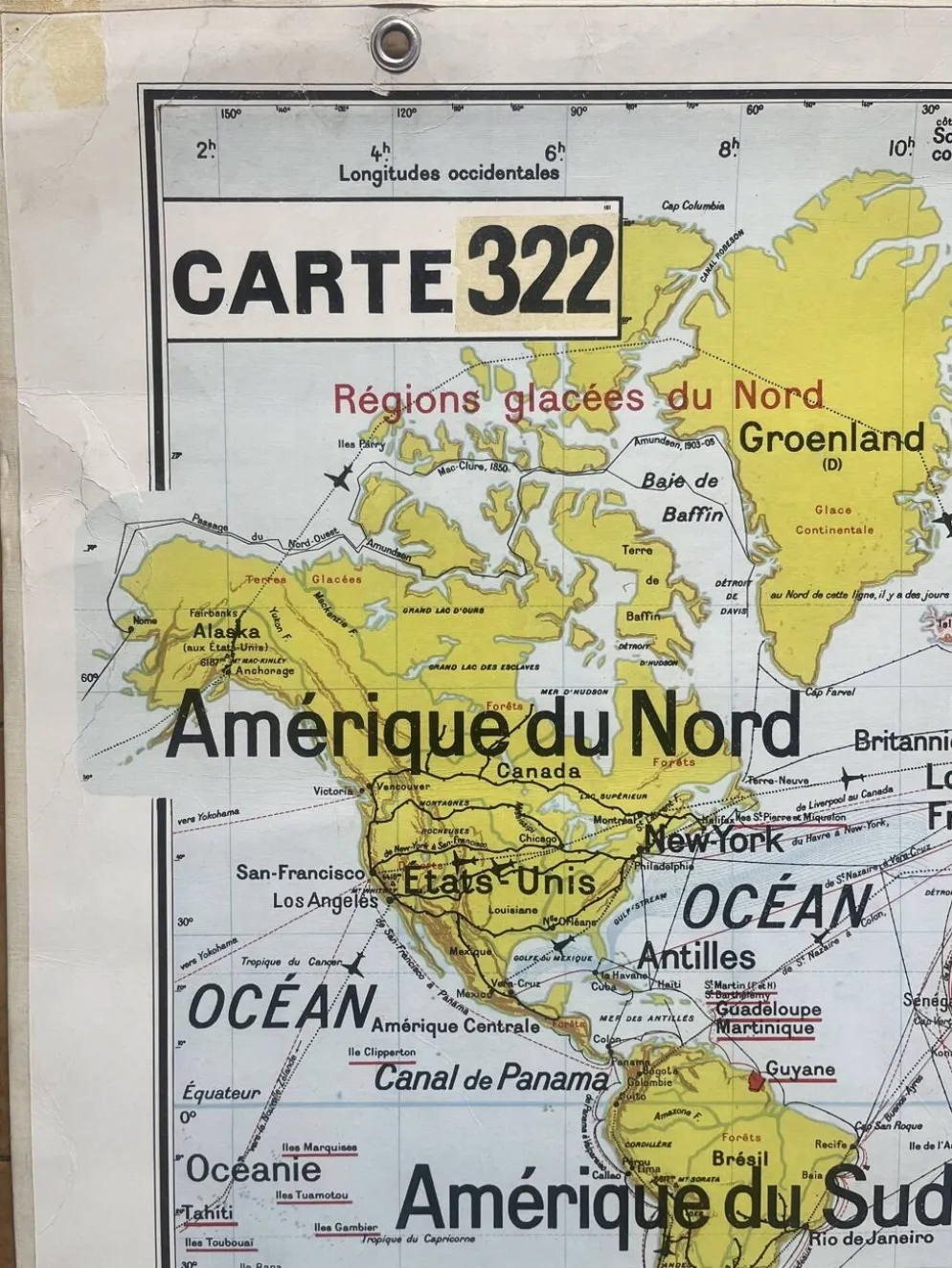 Ancienne carte scolaire Vidal-Lablache 322, 1960 - Planisphère monde, Out