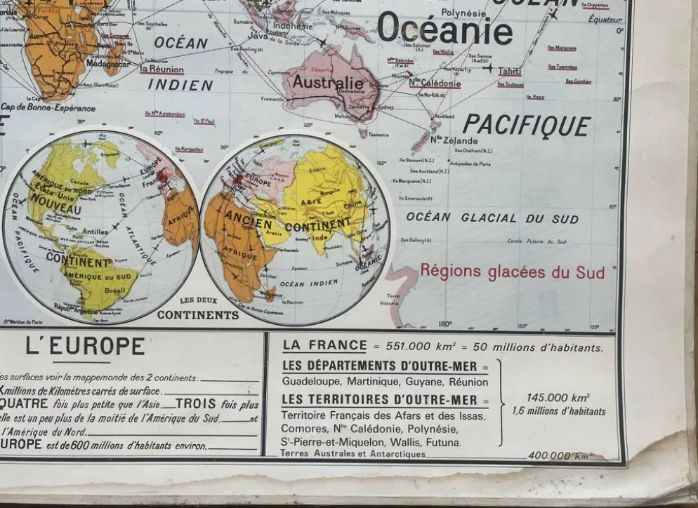 Ancienne carte scolaire Vidal-Lablache 322, 1960 - Planisphère monde, Out