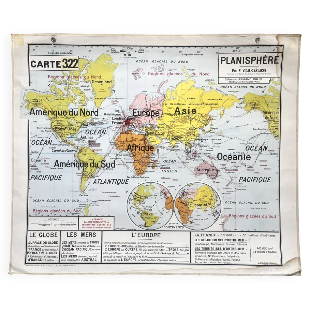 Ancienne carte scolaire Vidal-Lablache 322, 1960 - Planisphère monde, Out