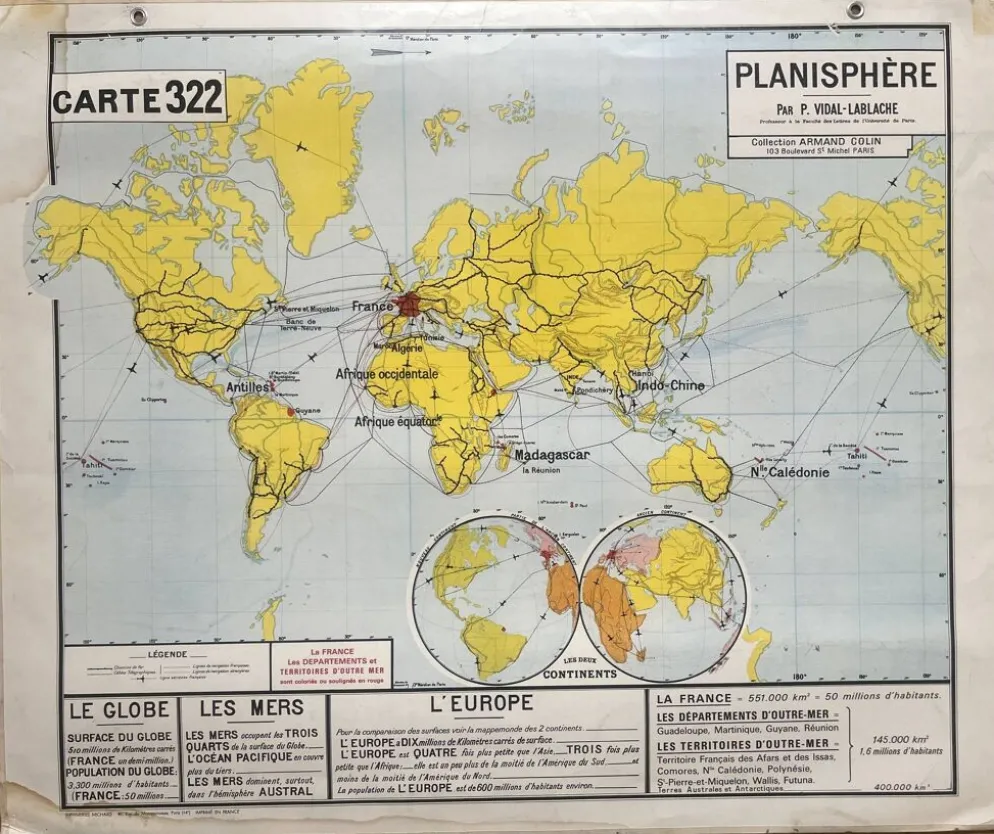 Ancienne carte scolaire Vidal-Lablache 322, 1960 - Planisphère monde, Out