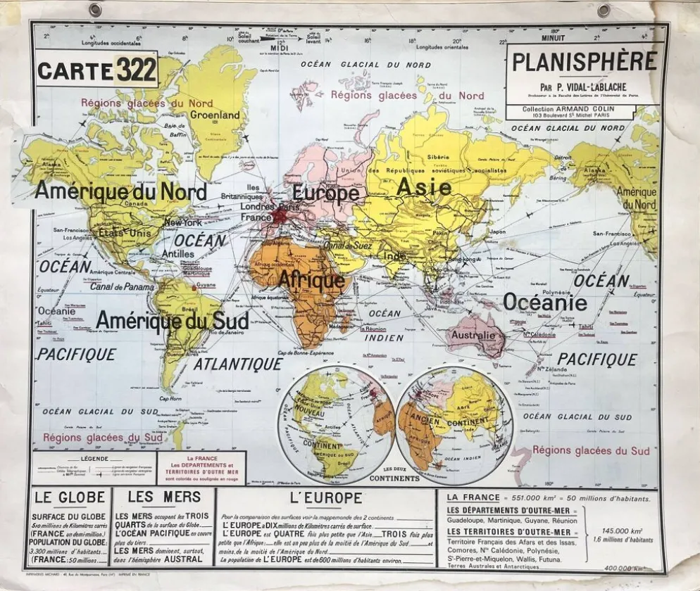 Ancienne carte scolaire Vidal-Lablache 322, 1960 - Planisphère monde, Out