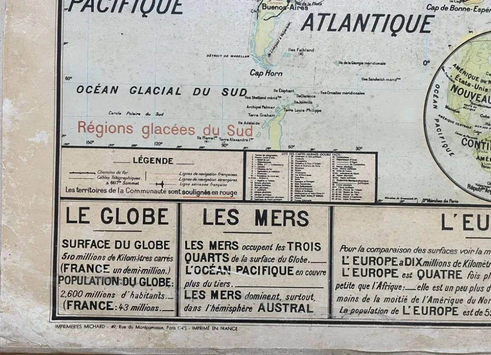 Ancienne carte scolaire Vidal-Lablache 22, 1958 - Planisphère, colonies