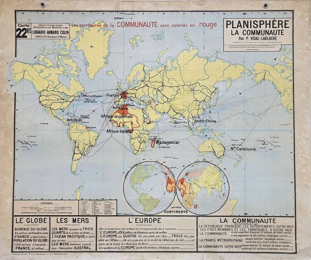 Ancienne carte scolaire Vidal-Lablache 22, 1958 - Planisphère, colonies