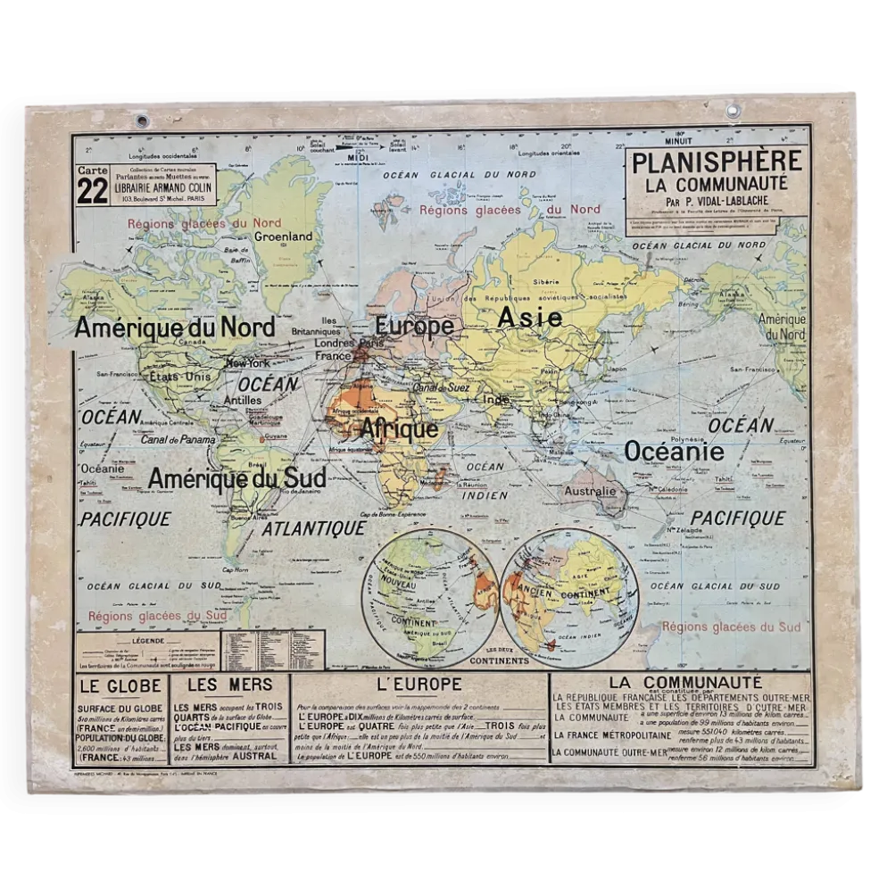 Ancienne carte scolaire Vidal-Lablache 22, 1958 - Planisphère, colonies
