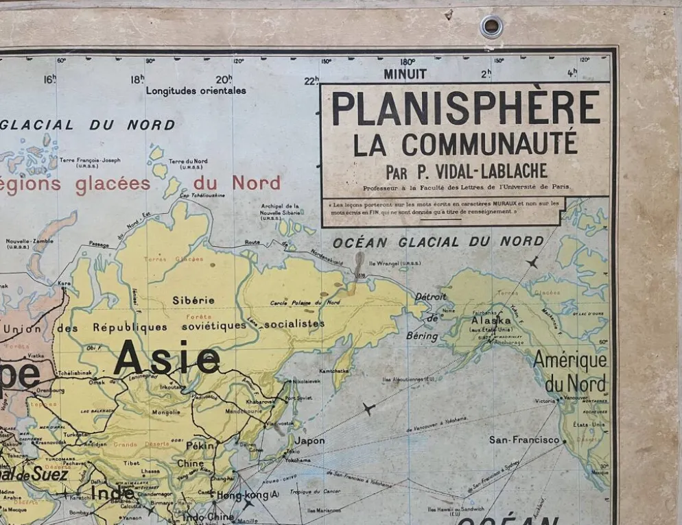 Ancienne carte scolaire Vidal-Lablache 22, 1958 - Planisphère, colonies