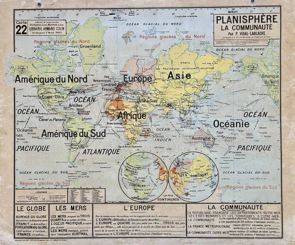 Ancienne carte scolaire Vidal-Lablache 22, 1958 - Planisphère, colonies