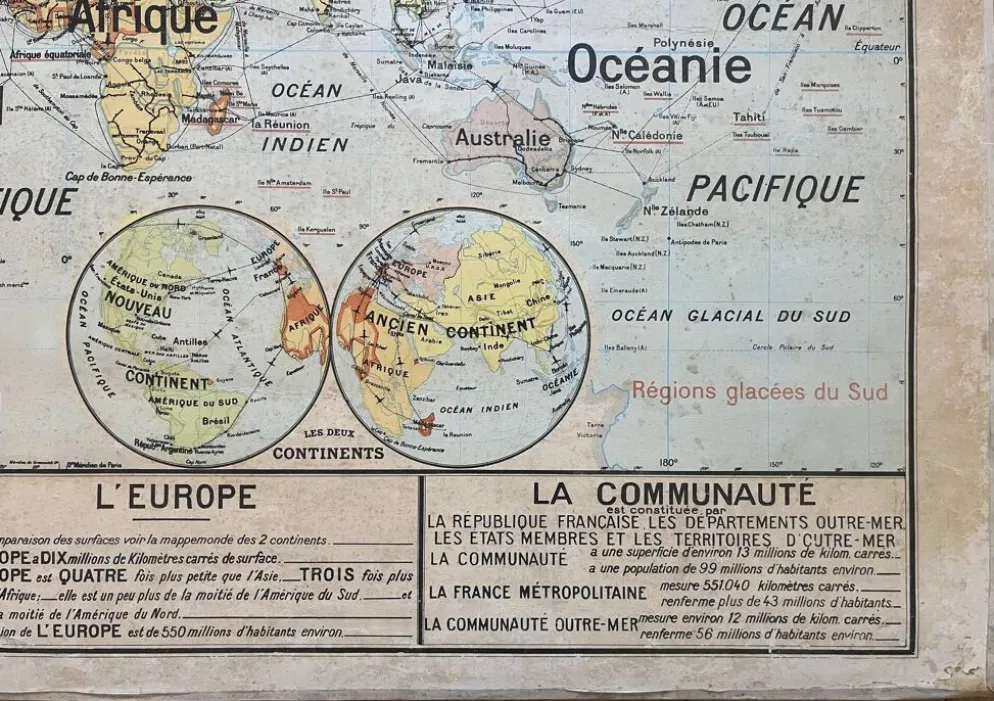 Ancienne carte scolaire Vidal-Lablache 22, 1958 - Planisphère, colonies