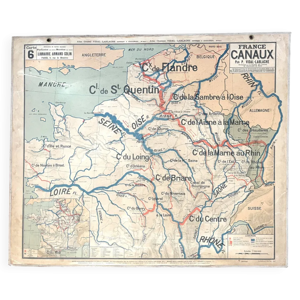 Ancienne carte scolaire Vidal Lablache 6, Mézières, T36, 1910 France Canaux