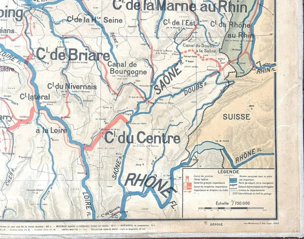 Ancienne carte scolaire Vidal Lablache 6, Mézières, T36, 1910 France Canaux