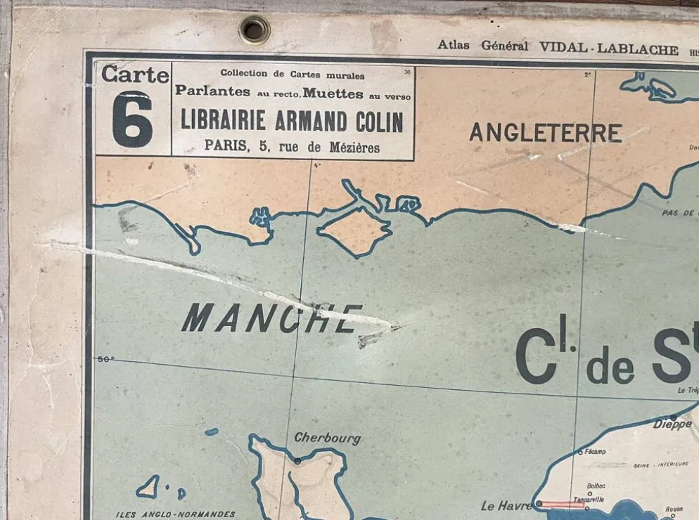 Ancienne carte scolaire Vidal Lablache 6, Mézières, T36, 1910 France Canaux