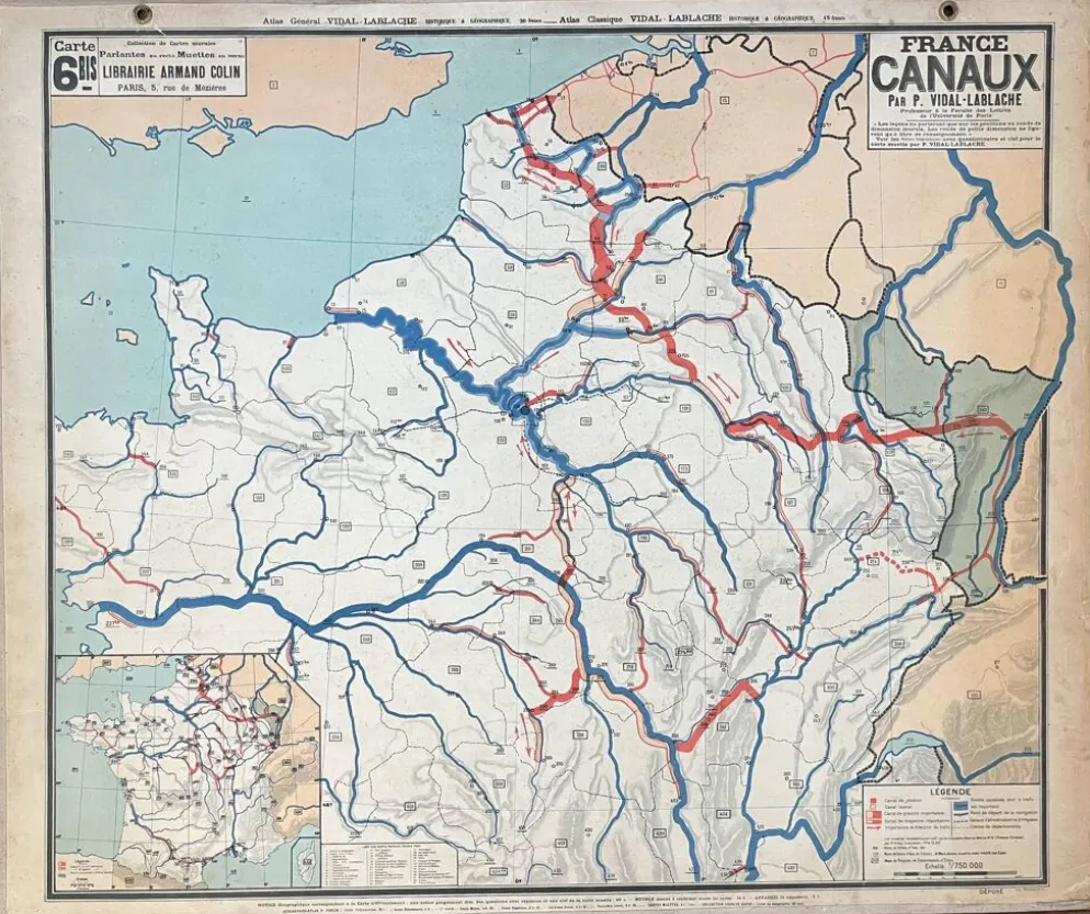 Ancienne carte scolaire Vidal Lablache 6, Mézières, T36, 1910 France Canaux