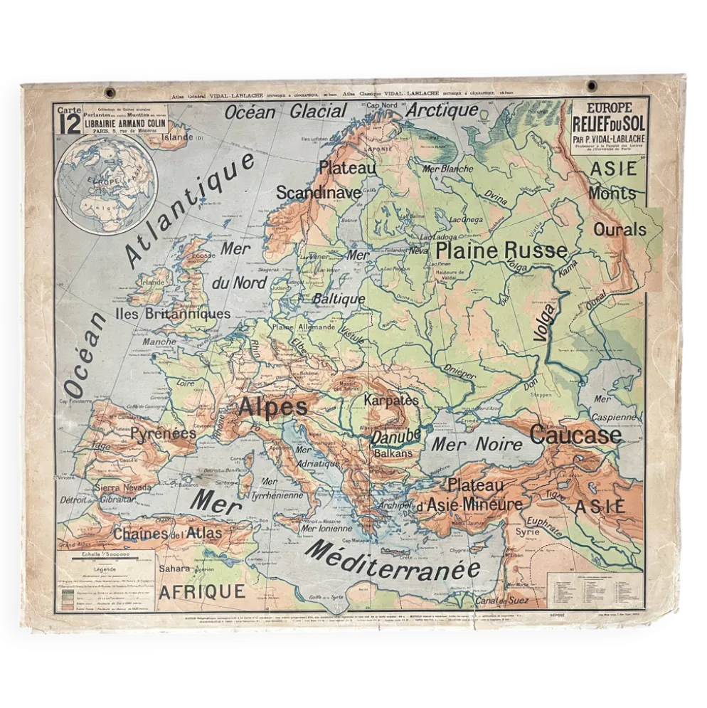 Ancienne carte scolaire Vidal-Lablache Mézières 12, T33, 1910 Europe relief